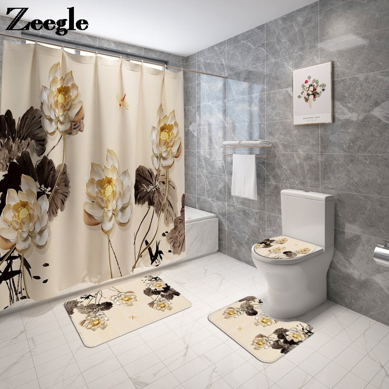 4pcs Floral Bathroom Carpet Bath Curtain Set Toilet Rugs and Shower Curtain Toilet Seat Cover Floor Mat Bathroom Mat Shower Mat