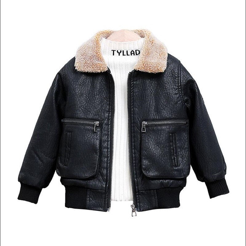 Children&#39;s Clothing Boys Coat Autumn Winter Lapel Plus Velvet Thick Leather Jacket For Boys Child Outwear PU Jacket Kids Tops