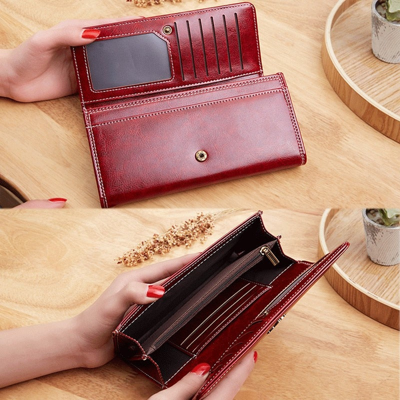 2022 New Women&#39;s Wallet Wax Oil Skin Wallet Money Bag Lady&#39;s purse Leather Bag Wallet Card Holder Portable