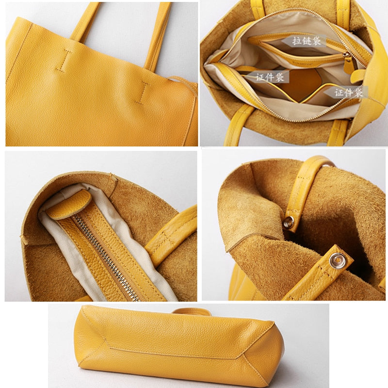 Women Luxury Bag | Casual Tote Female| Lemon Yellow Fashion Shoulder Handbag Lady Cowhide Genuine Leather| Shoulder Shopping Bag www.chishtismart.com