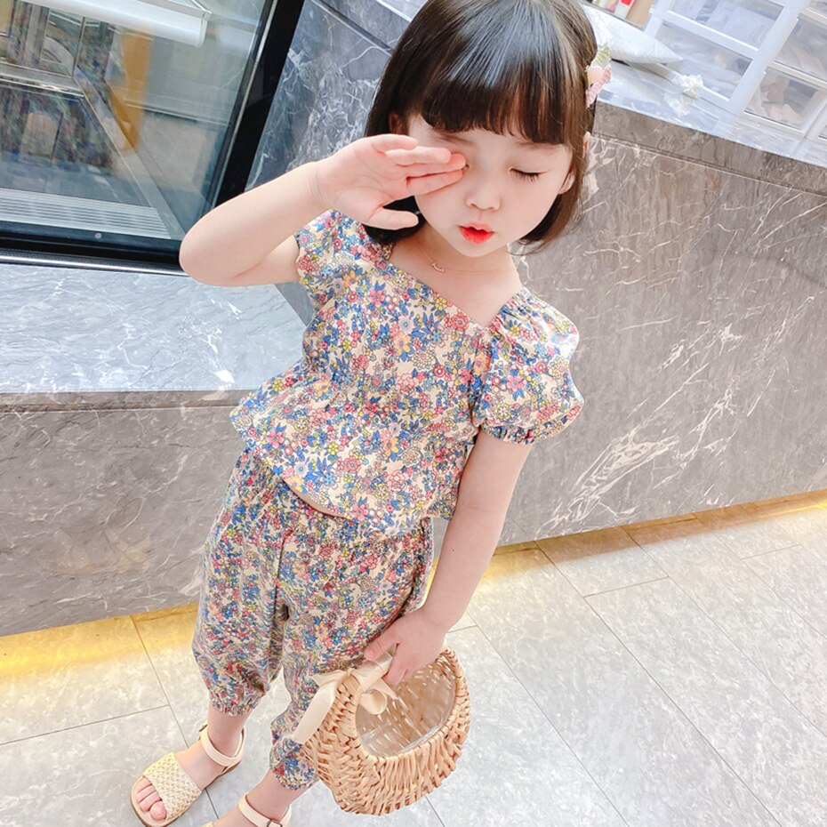 2pcs/set 2022 Children Clothes Floral Tshirt + Pants For Girls Casual Style Big Girls Clothes Summer Kids Tracksuit