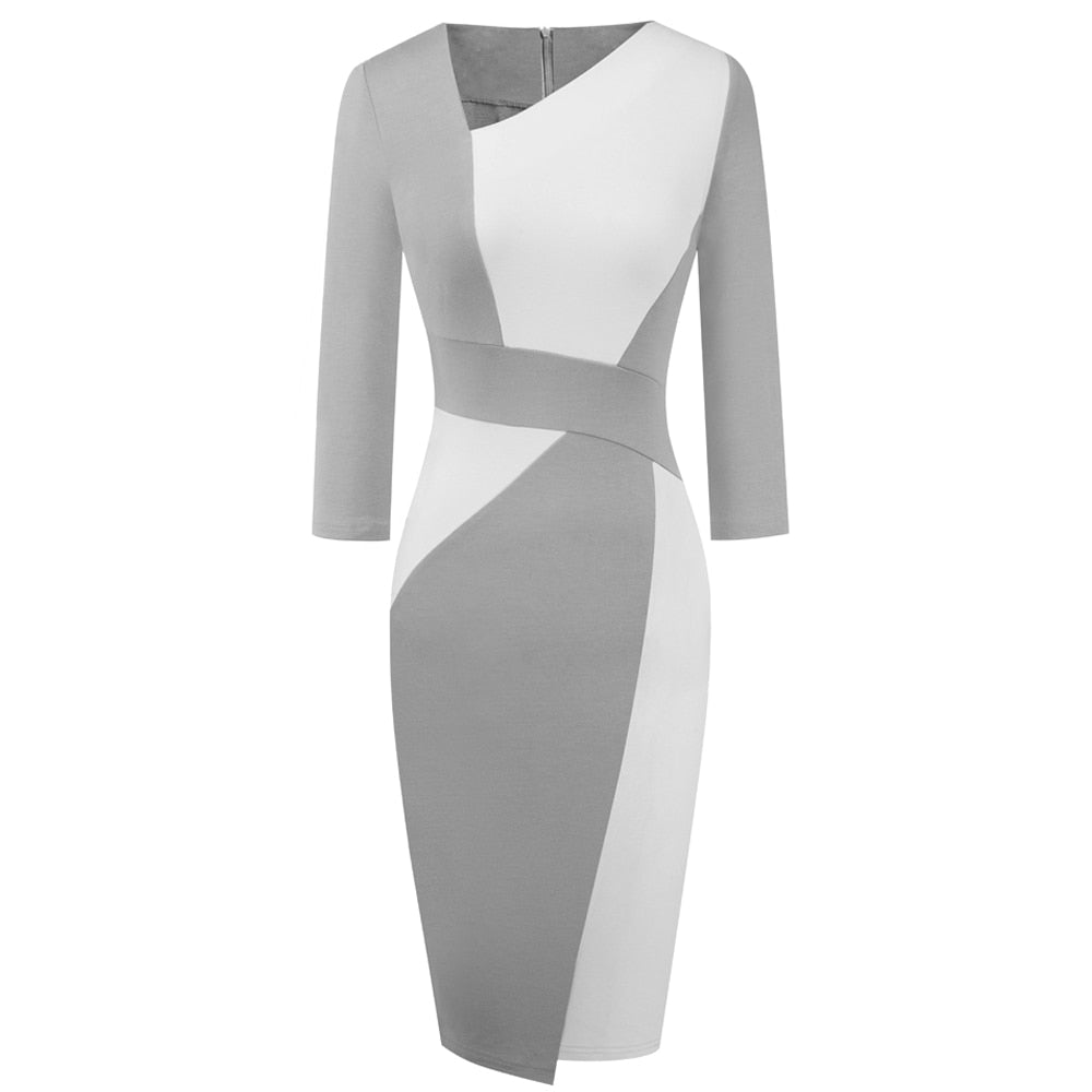 Vintage Women Patchwork Asymmetrical Collar Elegant Casual Work Office Sheath Slim Dress EB517