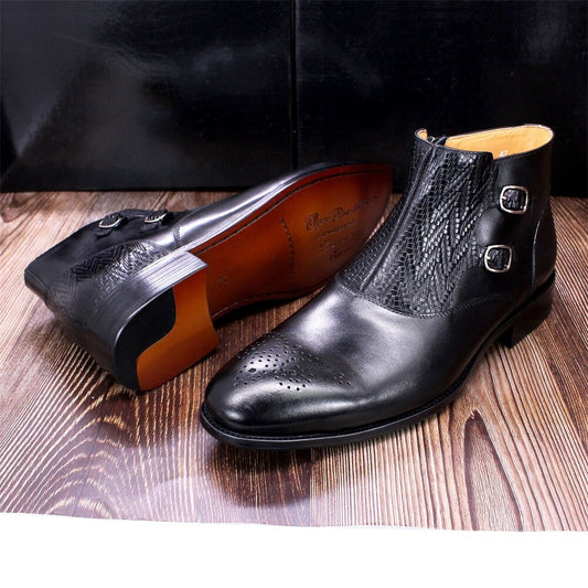 British Style Mens Ankle Boots Genuine Leather Handmade Zip Strap Double Buckle High Top Fashion Dress Shoes Boots Men Black