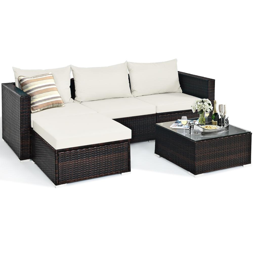 5PCS Patio Rattan Furniture Set Sectional Conversation Sofa w/ Coffee Table HW66521