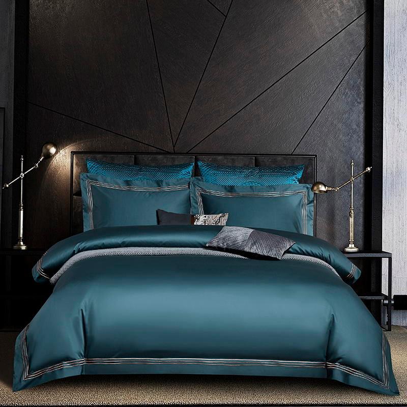 Bedding Set - Embroidered Deep Green Blue Duvet Cover Premium Soft Egyptian Cotton Bedding set Double Queen King 4/6Pcs Bed Sheet Pillowcases