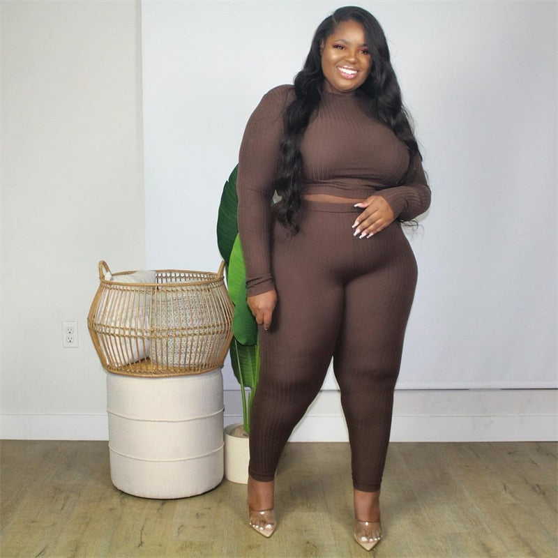 Plus Size Women Clothing 2021 Fashion Sexy Outfits Long Sleeve Top and Pants Bodycon Ribbed Two Piece Set Dropshipping Wholesale