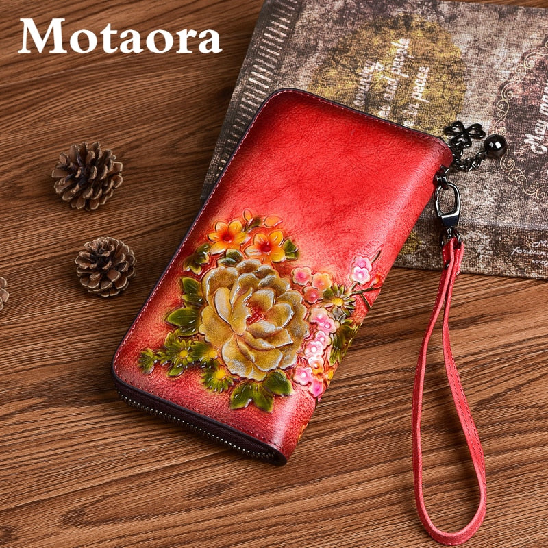 MOTAORA 2022 New Chinese Style Retro Women Wallet Genuine Leather Long Zipper Purse Vintage Handmade Embossed Clutch Card Holder