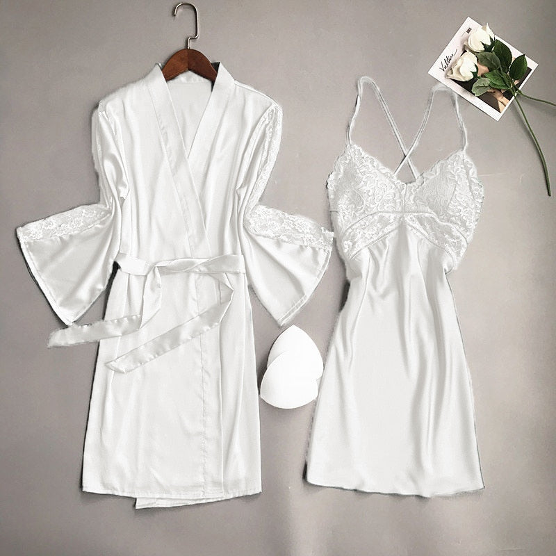 Sexy Women Rayon Kimono Bathrobe WHITE Bride Bridesmaid Wedding Robe Set Lace Trim Sleepwear Casual Home Clothes Nightwear