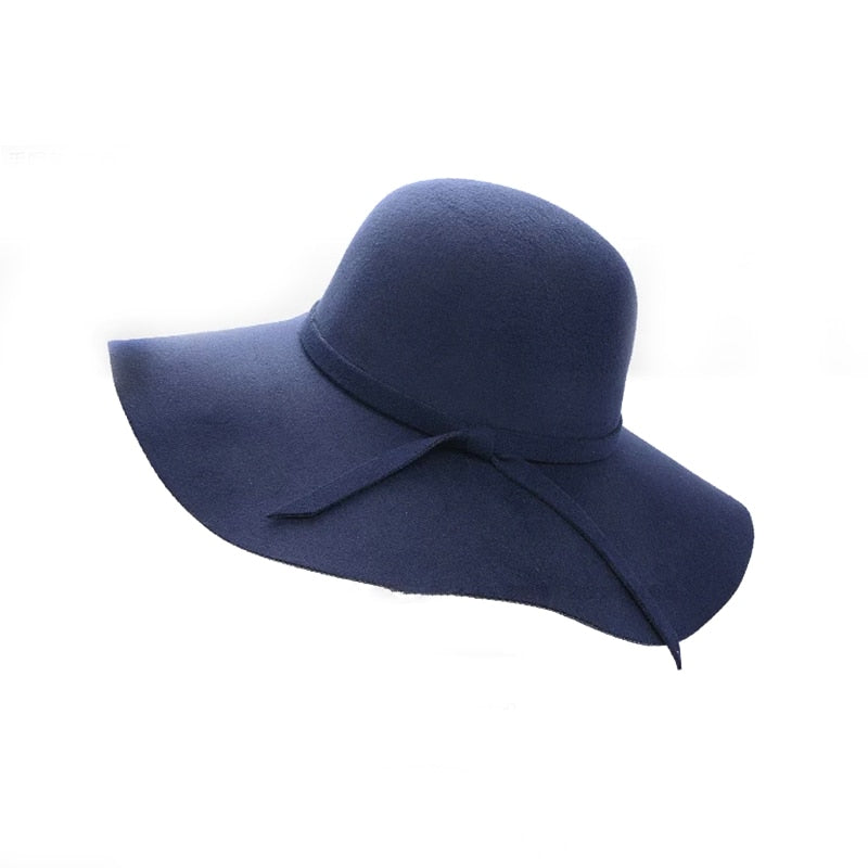 Women&#39;s Wide Brim Felt Bowler Faux Wool Fedora Hat Floppy Sun Bowknot Cloche Cap Bowlers Hat for Ladies gorros mujer invierno