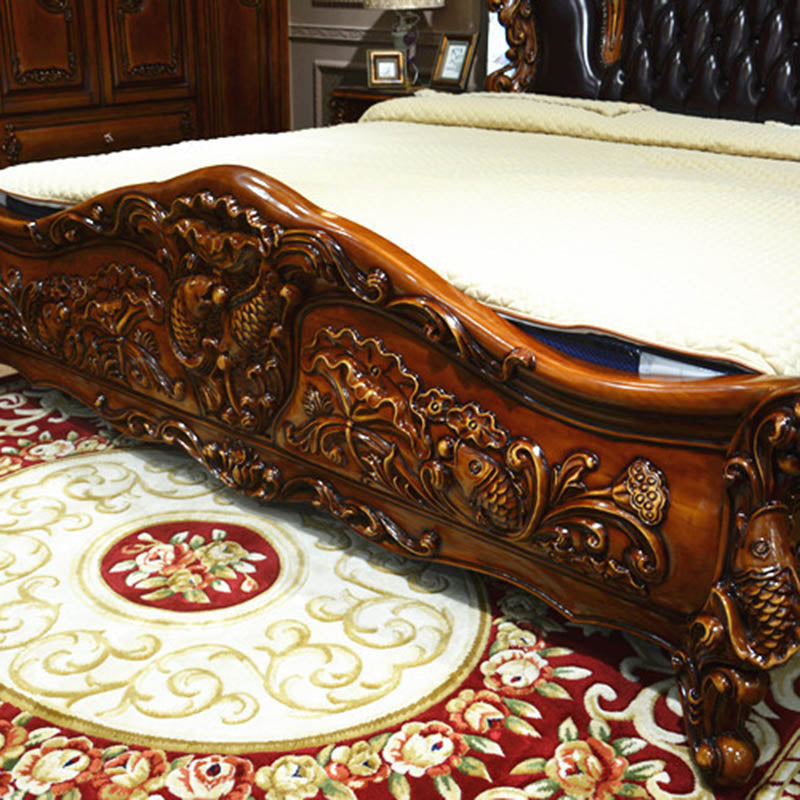 European Luxury Leather Bed 2x2.2m Leather Art Wedding Bed Double Bed American Villa Solid Wood Carved Living Room