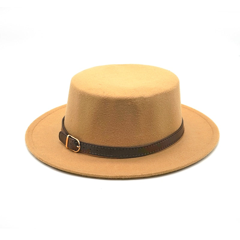 New Retro Winter Autumn women men Top hat Imitation Woolen Felt Fedora Hats Belt buckle Decorated ladies Boater Hat flat brim