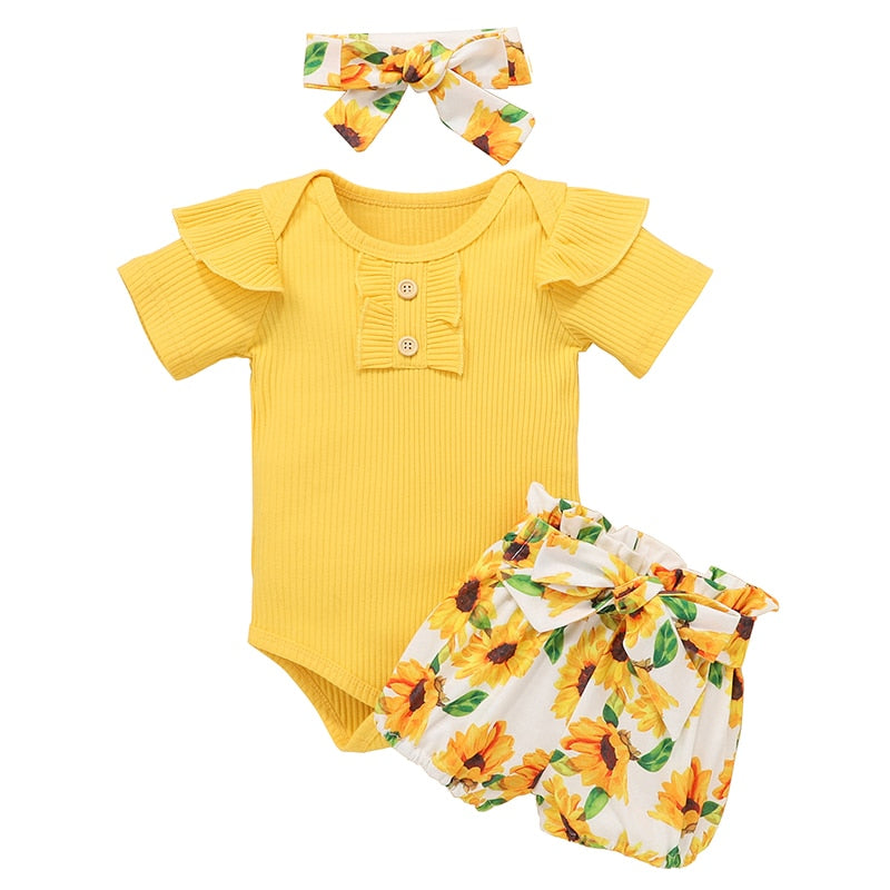 Newborn Baby Girl Clothes Set Summer Solid Color Short Sleeve Romper Flower Shorts Headband 3Pcs Outfit New Born Infant Clothing