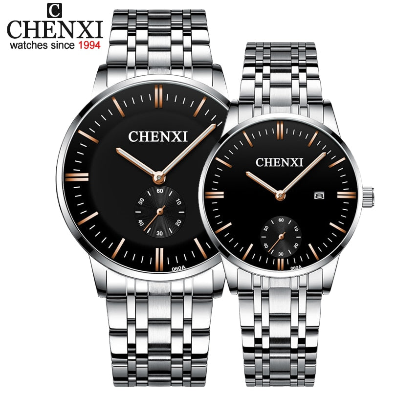 CHENXI Lover&#39;s Wristwatches Women Fashion Watches Men or Lady Quartz Watch Silver Stainless steel Waterproof Clock Date Watches