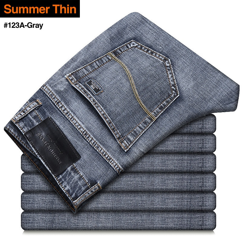 New Men Stretch Regular Fit Jeans| Best Business Casual Classic Style Fashion Denim Trousers| Male Black Blue Gray Pants  www.chishtismart.com