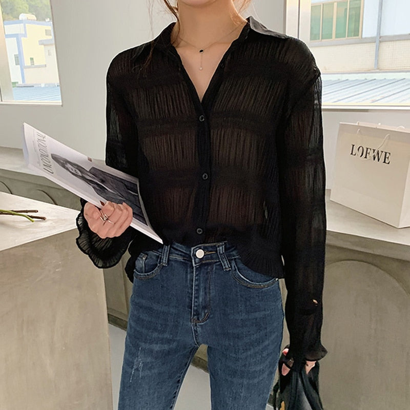 New 2022 Spring Vintage Elegant Women Chiffon Blouses Casual Long Sleeve Blusas Femme Turn-down Collar Solid Shirts Female Tops