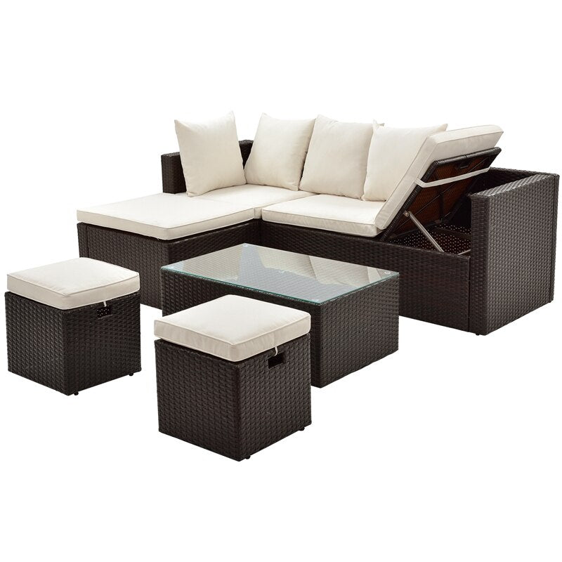 5-Piece All Weather PE Wicker Sofa Set Rattan With Tempered Glass Tea Table And Removable Cushions Adjustable Chaise Lounge