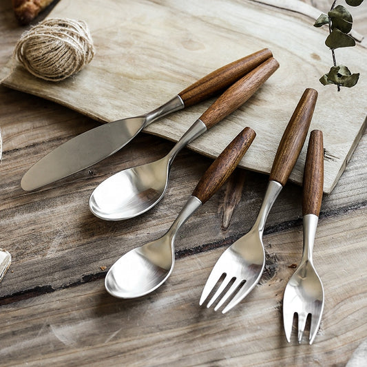 304 Stainless Steel Natural Teak Wooden Handle Dinnerware Set Steak Knife Fork Spoon Dessert Spoon Fork Cutlery Set Tableware