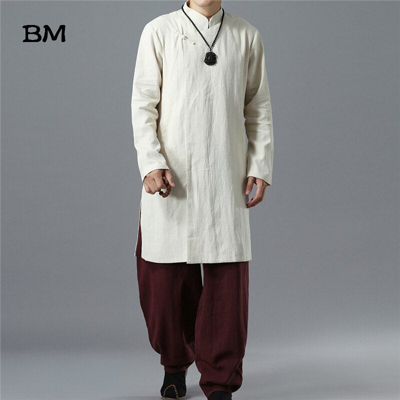 Men Chinese Vintage Fashion Casual Long Shirts Stand Collar Long Sleeve Shirts Outerwear Kongfu Clothes Male