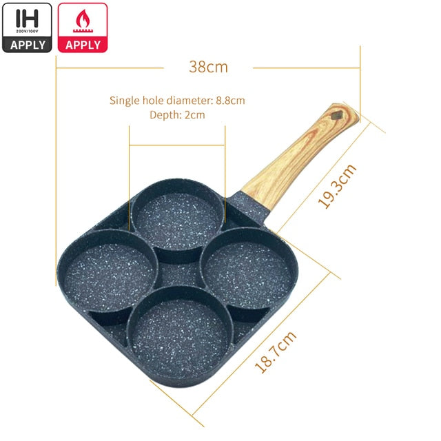 Non-stick Frying Pot Pan 2/4 Holes Steak Egg Pancake Thickened Omelet Pan Wooden Handle Pan For Kitchen Utensils