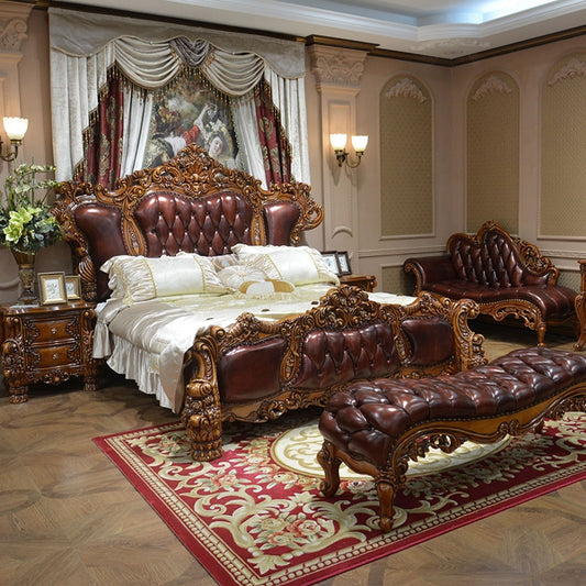 European Luxury Leather Bed 1.8m Double Bed American Villa Solid Wood Carved Living Room Leather Art Wedding Bed