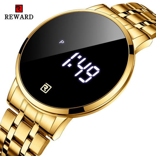 REWARD Men Watches Top Luxury Brand Fashion Touch LED Digital Watch Men Gold Steel Band Waterproof Wristwatch relogios masculino