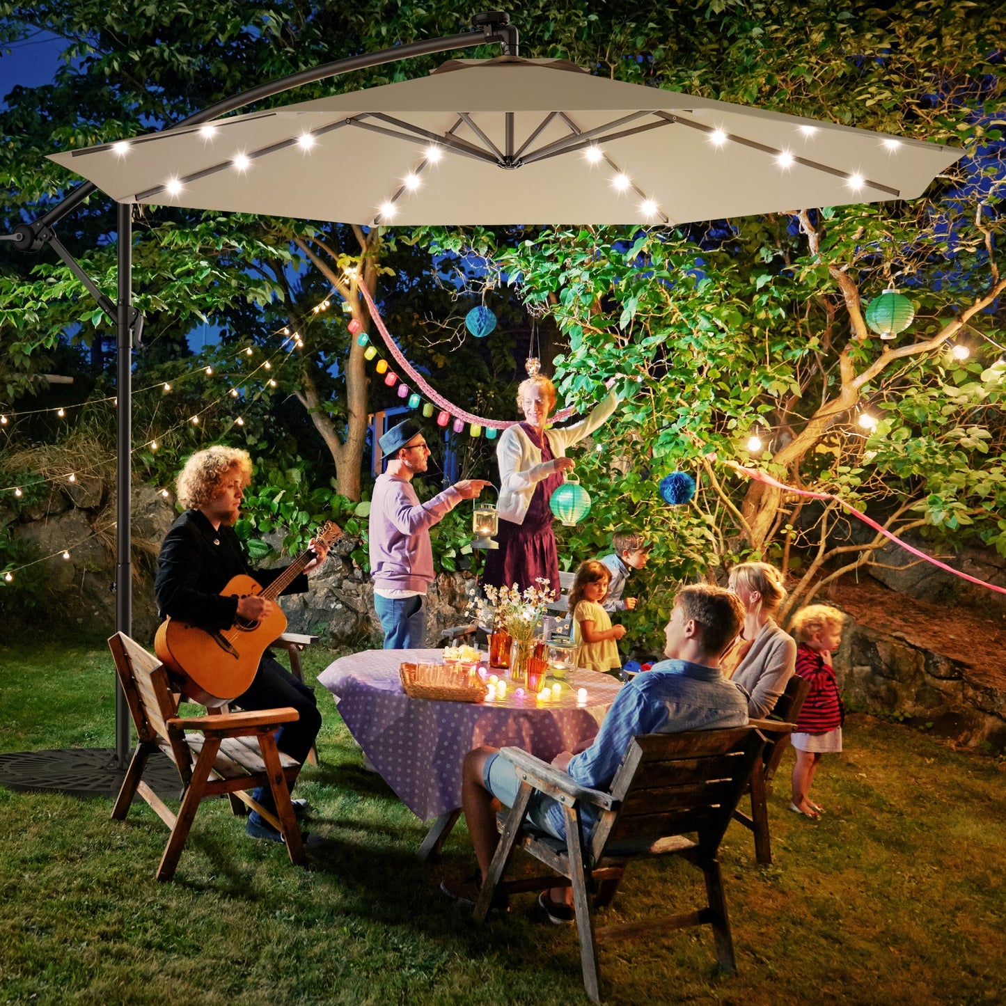 Costway 10&#39; Hanging Solar LED Umbrella Patio Sun Shade Offset Market W/Base OP70754