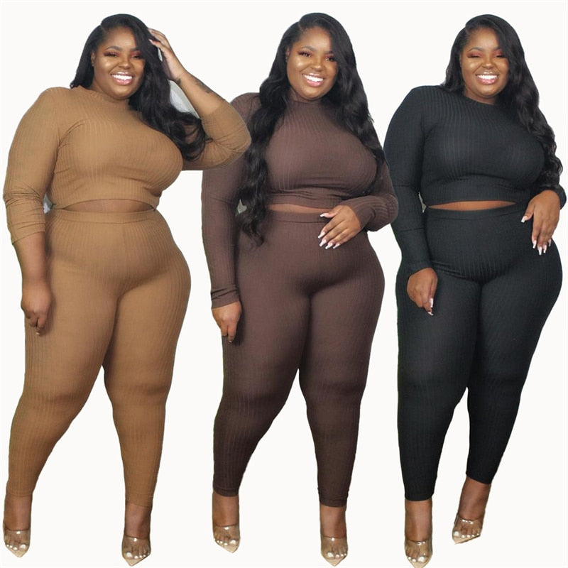 Plus Size Women Clothing 2021 Fashion Sexy Outfits Long Sleeve Top and Pants Bodycon Ribbed Two Piece Set Dropshipping Wholesale