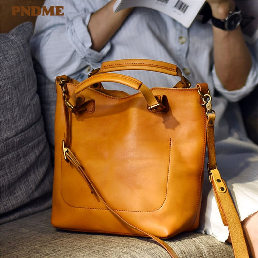 PNDME fashion genuine leather ladies handbag casual simple vintage high quality cowhide luxury women&#39;s shoulder messenger bags