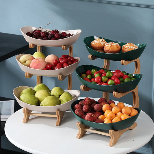 2/3 Tiers Plastic Fruit Plates With Wood Holder Oval Serving Bowls for Party Food Server Display Stand Fruit Candy Dish Shelves