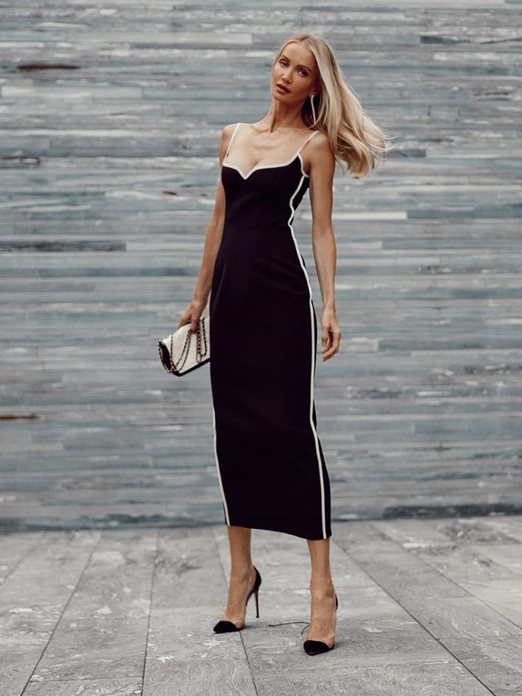 Chic White Striped Splicing Design V Neck Sleeveless Celebrity Party Bandage Long Slip Best Dress