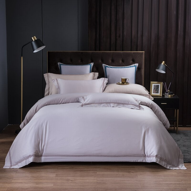 Luxury Hotel Bedding Set Embroidery Soft Cotton Nordic Solid Color Comfort Cover Premium Home Bed Bedding King Queen Size 4Pcs