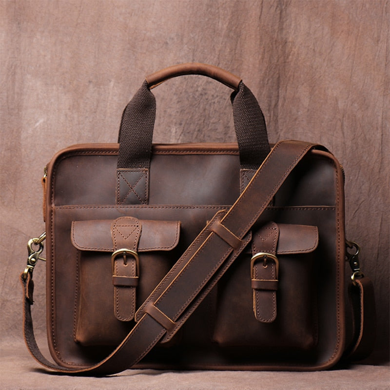 ZRCX Vintage Men Briefcase Man Handbag  Shoulder Crazy Horse Genuine Leather Bags Brown Business Fashion 14 Inch Laptop Bag