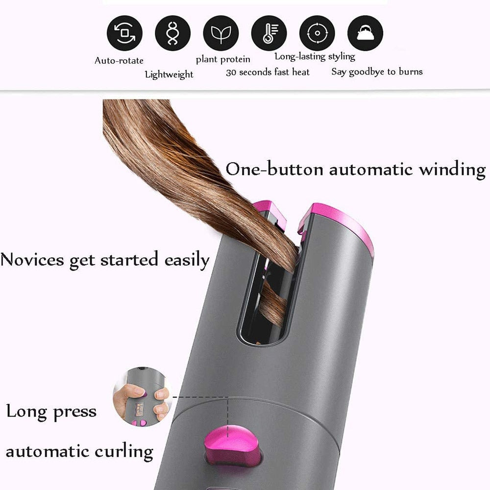 Hair Curlers Cordless Automatic Hair Curler Iron USB Rechargeable LCD Display Wireless Ceramic Rotating Curling Iron Hair Tools