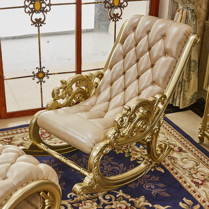 European-style Leather All Solid Wood Rocking Chair Reclining Chair Balcony Bedroom Adult Easy Chair Sofa Leisure Home