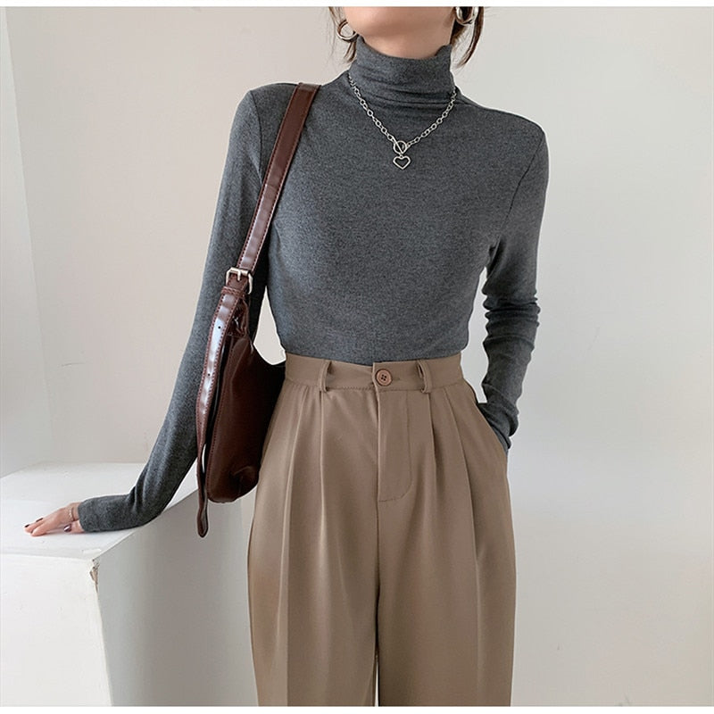 2022 Spring Autumn Women Pullover Female Knitted Sweaters Solid Concise Turtleneck Elasticity Elegant Office Lady Casual Tops