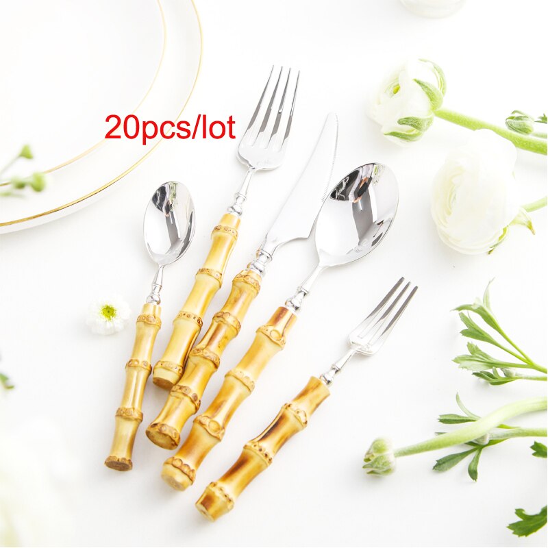 Bamboo Handle Cutlery Set Dinnerware Set 5/20pcs 18/10 Stainless Steel Knife Fork Spoon Tableware Cutleries Sets Drop