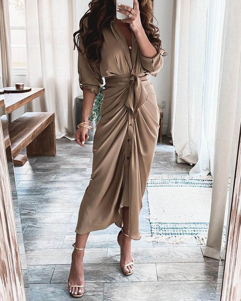 Striped Leopard Print Button Women&#39;s Dress Spring 2022 Elegantes Ankle Bandage Dress Half Sleeve Vintage Dress Shirt Beach Robe