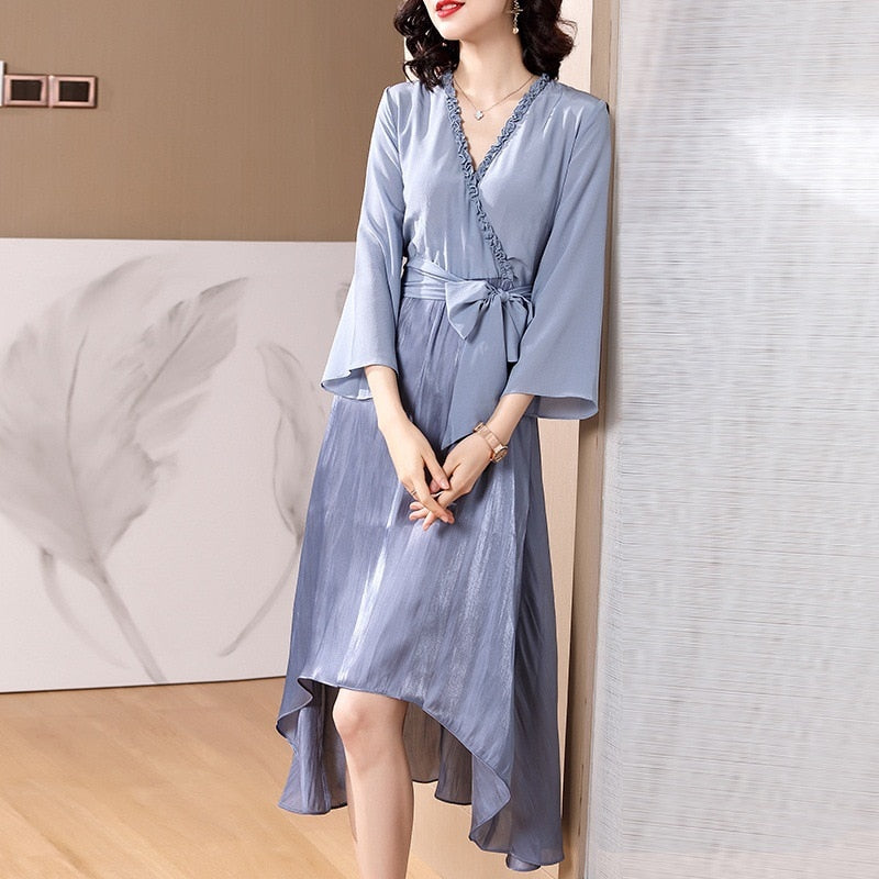 Spring and summer new women fashion V-neck sleeve irregular silk dress | Best silk dress women | V neck Dress  www.chishtismart.com