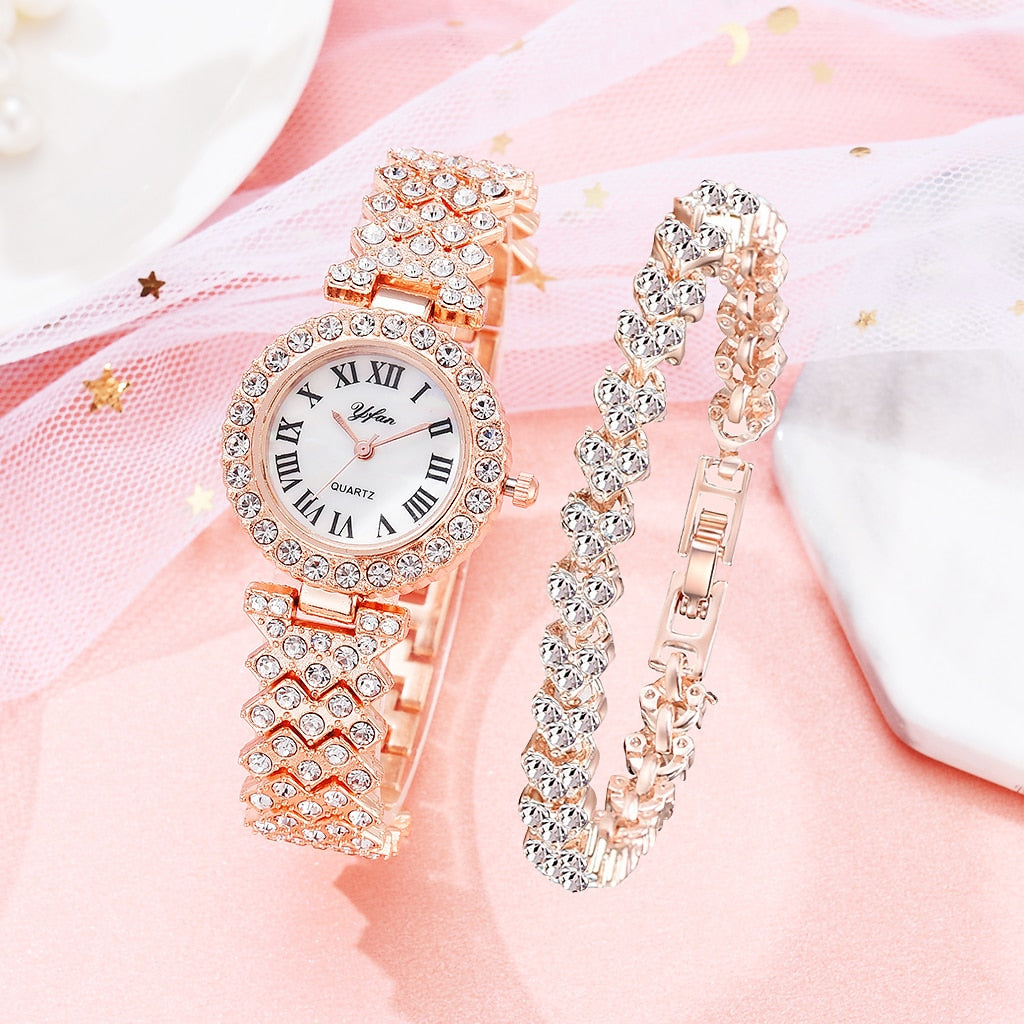 Luxury Women Rose Gold Watch Fashion Ladies Quartz Diamond Wristwatch Elegant Female Bracelet Watches 2pcs Set Reloj Mujer