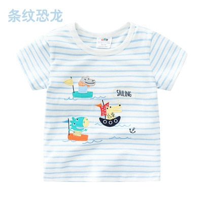 2023 Summer 2-10T Children&#39;S Birthday Clothing Dinosaur Car Striped Print Short Sleeve Basic Tops Cartoon T-Shirt For Kids Boy