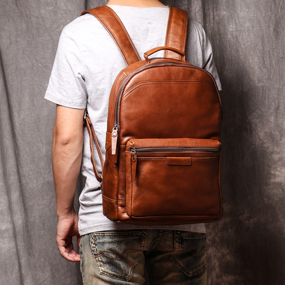 ZRCX Genuine Leather Men Backpack 14 Inch Laptop Backpack Travel School Backpack Male Fashion Backpack Brown Cowhide Backpack