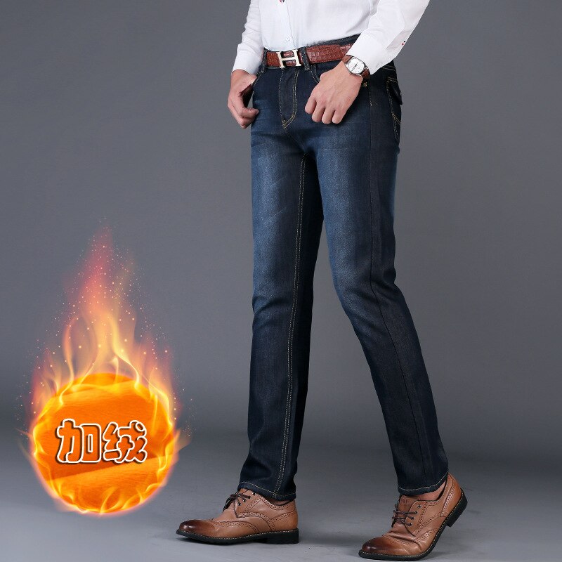 2021 Fleece Casual Jeans Men Business Straight Jeans Stretch Denim Pants Trousers Slim Fit Classic Cowboys Young Man Jeans
