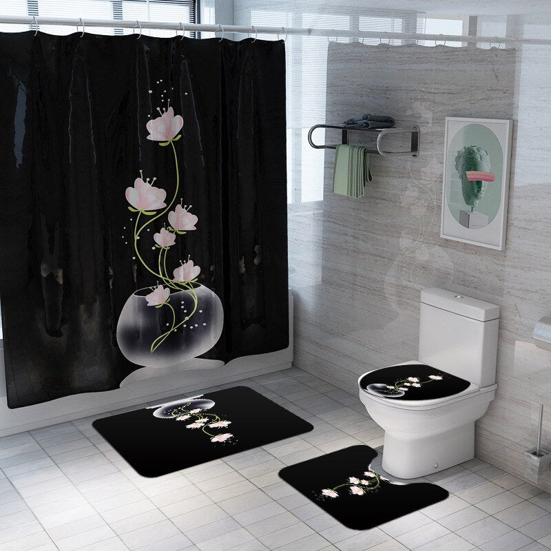 Non Slip Toilet Seat Cover Bath Mat Polyester Waterproof Shower Curtain Set Bathroom Carpet Home Decor Bathroom Foot Mat