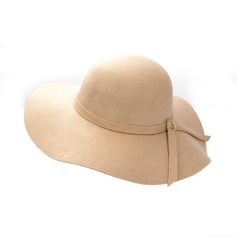 Women&#39;s Wide Brim Felt Bowler Faux Wool Fedora Hat Floppy Sun Bowknot Cloche Cap Bowlers Hat for Ladies gorros mujer invierno