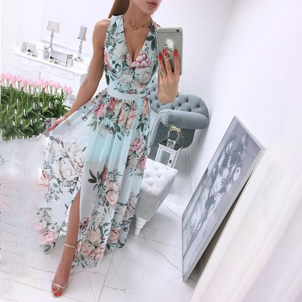 Summer Women Floral Sleeveless Maxi Dress Sexy Slit Boho Beach White Tank Dresses 2022 Elegant Deep V-Neck Print Party Sundress