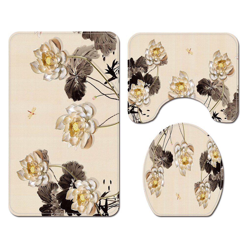 4pcs Floral Bathroom Carpet Bath Curtain Set Toilet Rugs and Shower Curtain Toilet Seat Cover Floor Mat Bathroom Mat Shower Mat