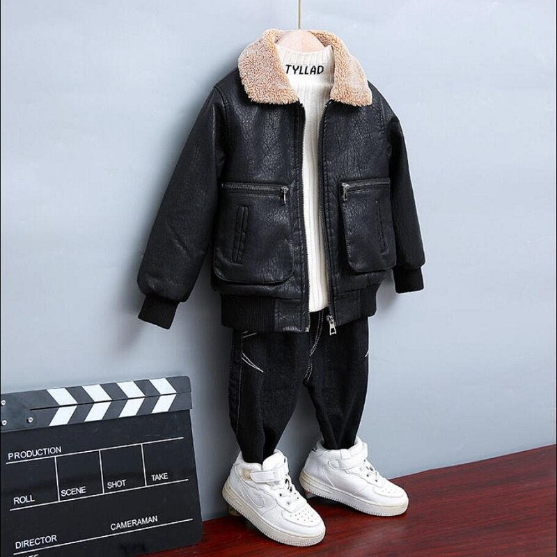 Children&#39;s Clothing Boys Coat Autumn Winter Lapel Plus Velvet Thick Leather Jacket For Boys Child Outwear PU Jacket Kids Tops