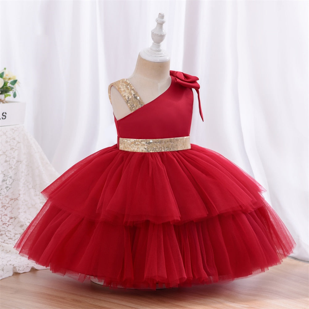 Yoliyolei Fashion Tulle Layers Flower Girl Dresses Red Champagne Gold Waist Belt Shoulderless Baby Casual Dress for Girls