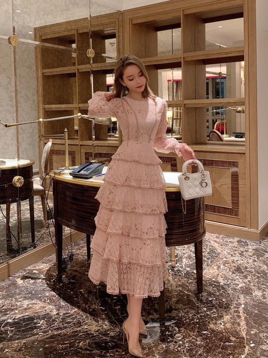 Vintage Spring Women Lace Embroidery Sweet Ruffles Layered Midi Long Dress Elegant Princess Party Holiday Dress Vestidos