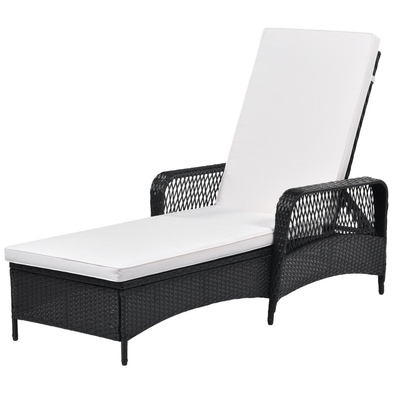 2 PCS Outdoor Patio Chaise Lounge PE Rattan Wicker Chair Wicker Sun Lounger, Adjustable Backrest, Beige Cushion, Black Wiker